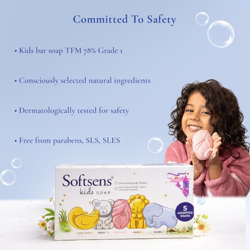Softsens Assorted Kids Soap 75g each ( Pack of 5 x 75g) | Gentle Nourishing Care with Shea Butter & Natural Milk Cream, Dermatologist Tested Baby Soap, Moisturizing Animal Shape Bar Soap For Toddlers & Kids 2-10 Years - Image 5