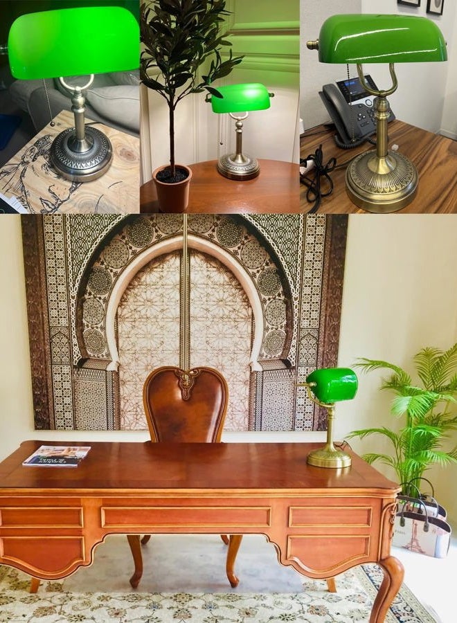 Newrays Green Glass Bankers Desk Lamp with Pull Chain Switch Plug in Fixture - Image 2