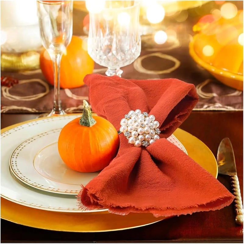 مناديل الكتان التراكوتا 50 قطعة قابلة لإعادة الاستخدام ناعمة مصنوعة يدويًا مع هدب لغطاء الطاولة 32x32 سم - Image 4