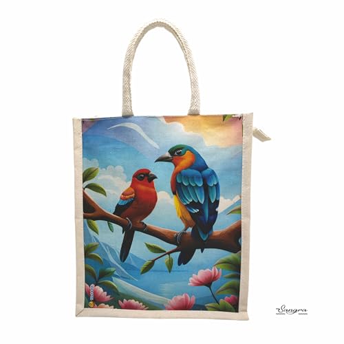 Sangra Canvas Reusable Bags for School, College, Lunch Bag for Office for Men and Women, Grocery Shopping Bag, Multi-Purpose Bag, Sturdy Handle With Zipper Lock (Pack of Two) (Multicoloured Birds) - Image 2