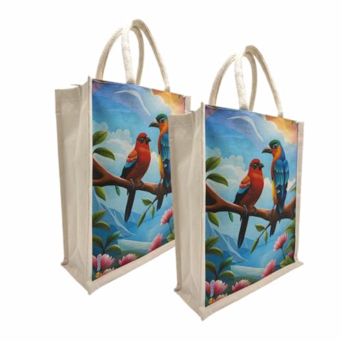 Sangra Canvas Reusable Bags for School, College, Lunch Bag for Office for Men and Women, Grocery Shopping Bag, Multi-Purpose Bag, Sturdy Handle With Zipper Lock (Pack of Two) (Multicoloured Birds) - Image 1