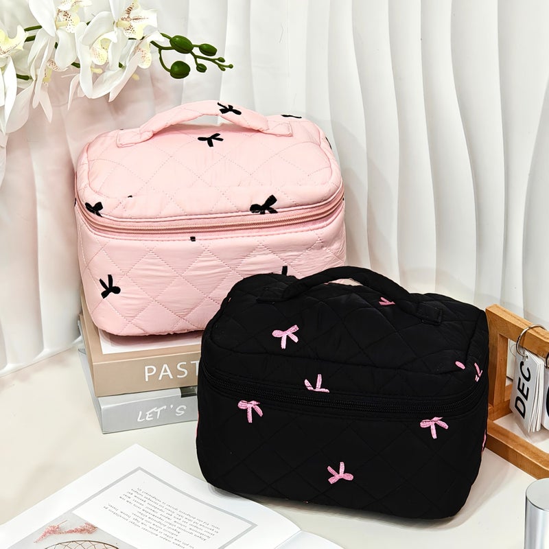 Large Blue Quilted Makeup Bag with Embroidered Bow Travel Toiletry - Image 1