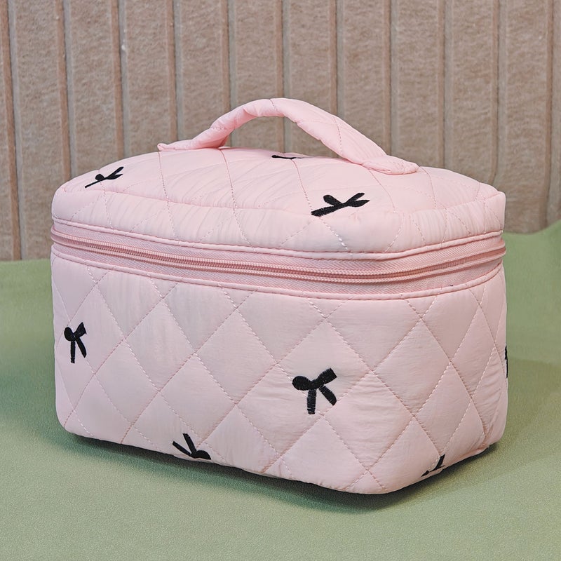 Large Blue Quilted Makeup Bag with Embroidered Bow Travel Toiletry - Image 5