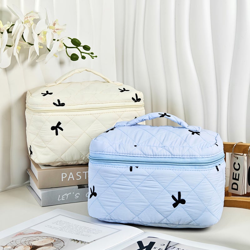 Large Blue Quilted Makeup Bag with Embroidered Bow Travel Toiletry - Image 2
