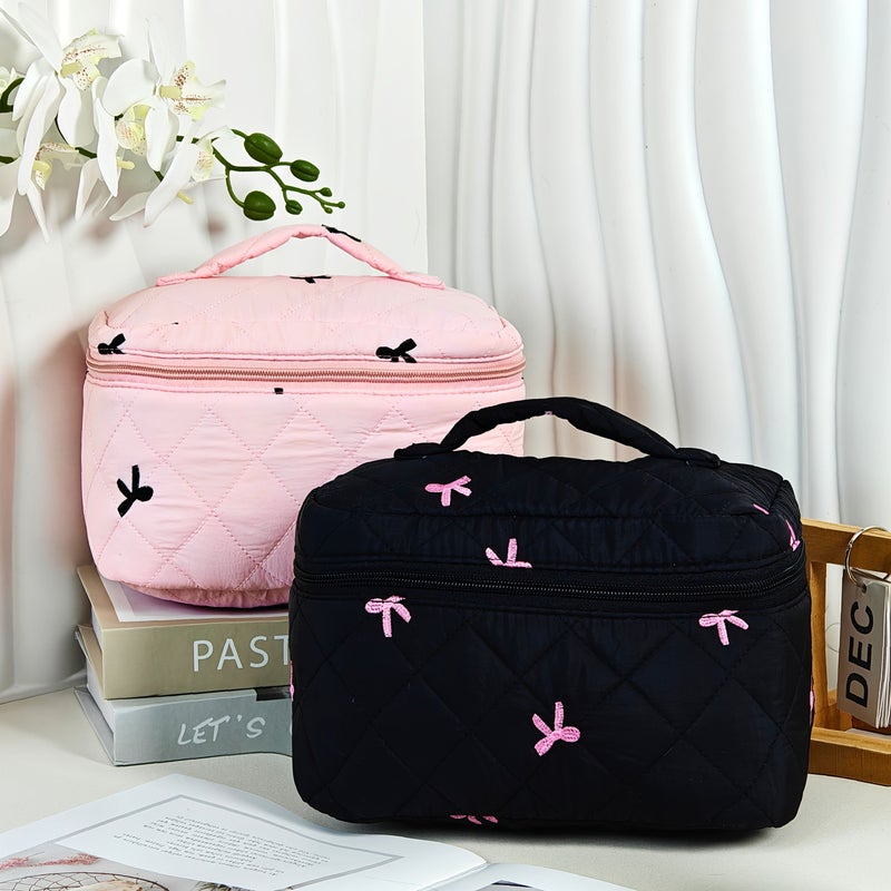 Large Blue Quilted Makeup Bag with Embroidered Bow Travel Toiletry - Image 3