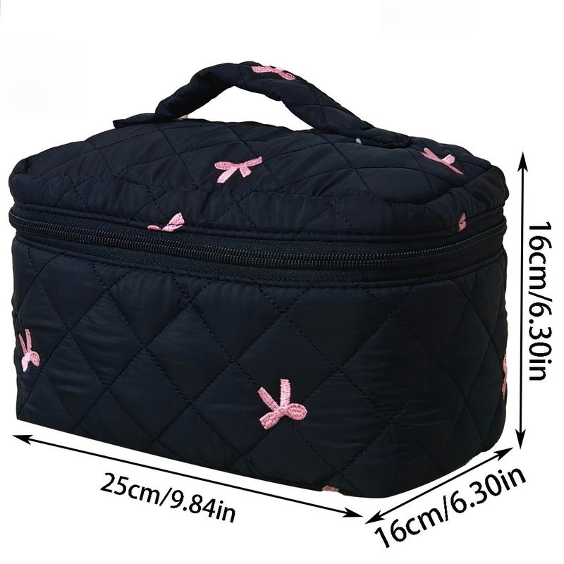 Large Blue Quilted Makeup Bag with Embroidered Bow Travel Toiletry - Image 4