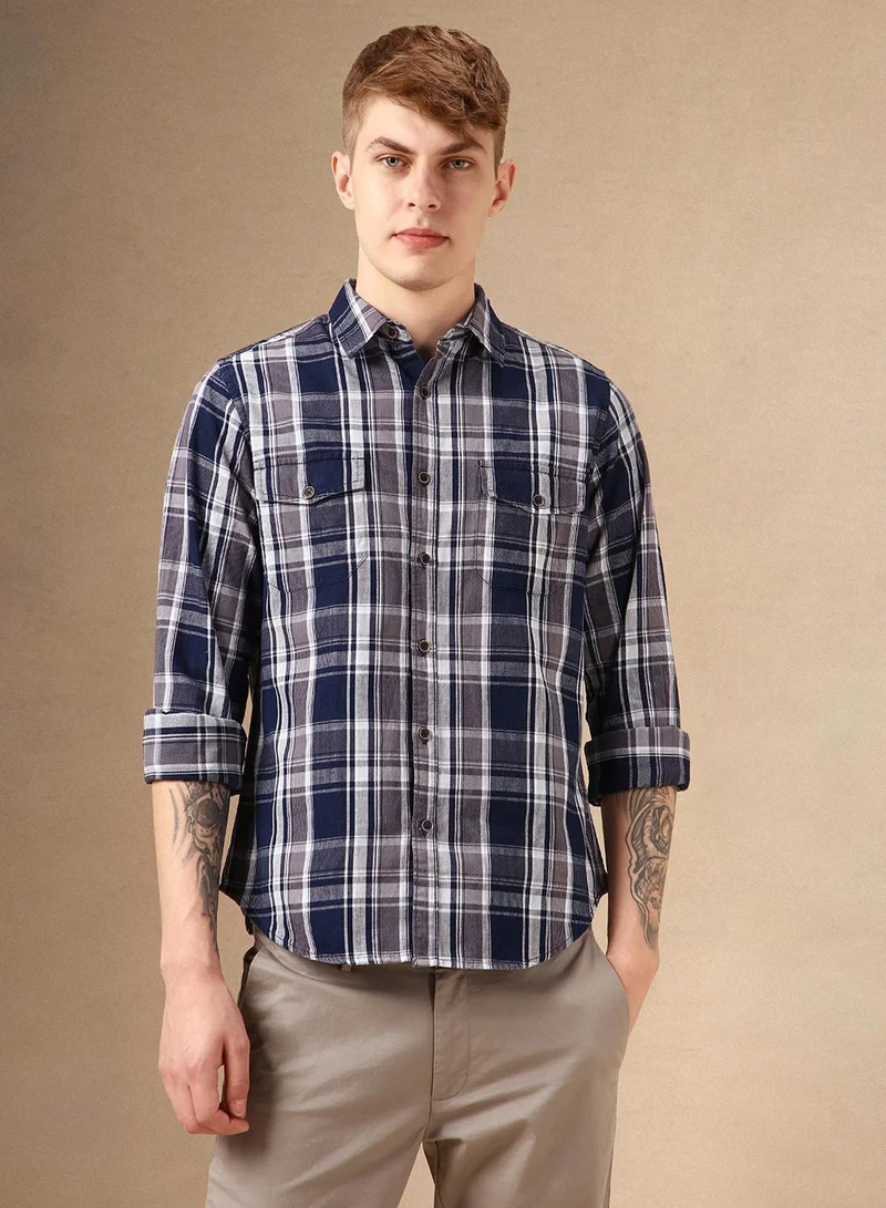 Dennis Lingo Men's Navy 100% Cotton Checkered Shirt