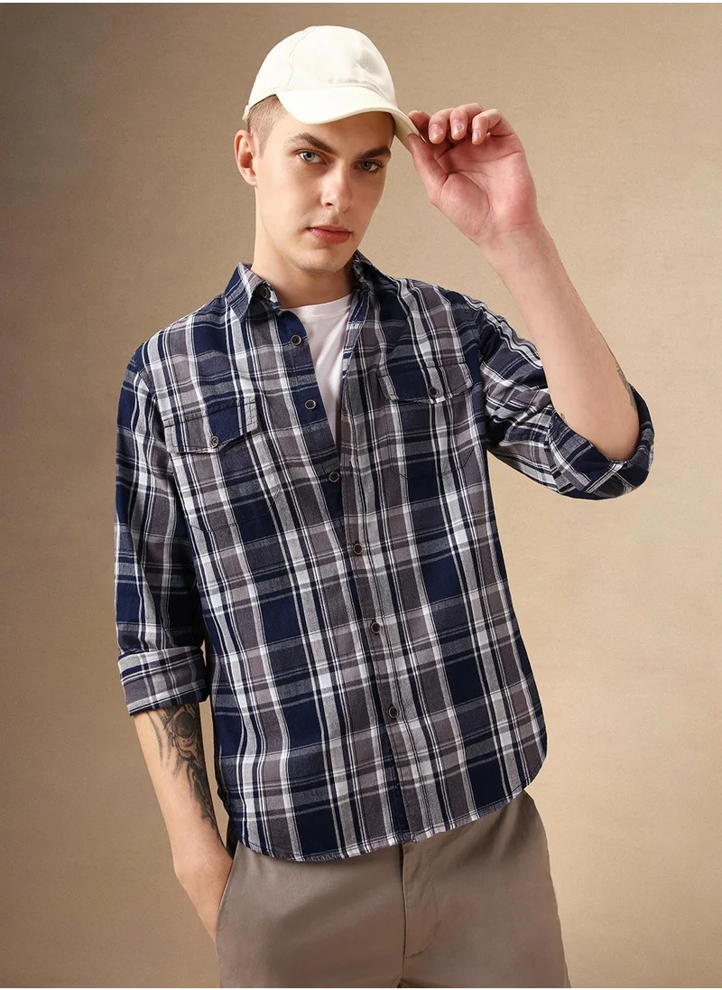 دينيس لينغو Men's Navy 100% Cotton Checkered Shirt