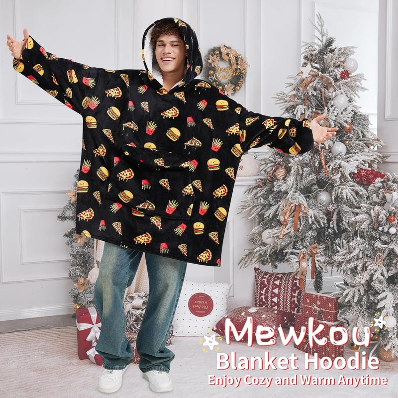 Mewkou هودي بطانية قابلة للارتداء للبالغين، هودي بطانية شيربا فليس بحجم كبير للنساء والرجال، همبرغر بيتزا - Image 4