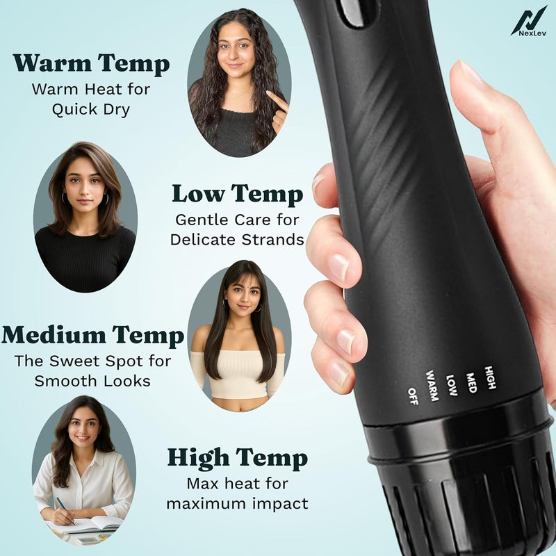 nexlev فرشاة هواء ساخن 3 في 1 من نيكسلڤ | برميل 1.5 بوصة | مجفف ومكثف للشعر ومصفف | مطلي بالسيراميك والتورمالين لحماية من الحرارة | 1200 واط | شعيرات مزدوجة لتصفيف خالي من التشابك | أنماط مثل الصالون في المنزل | V-03 - Image 3