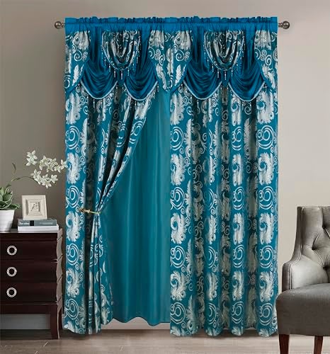 GLORY RUGS Jacquard Luxury Window 2 Panel Set Turquoise Curtain with Attached Valance and Backing Bedroom Living Room Dining 2 Curtains 55x84 inches Each Jana - Image 1