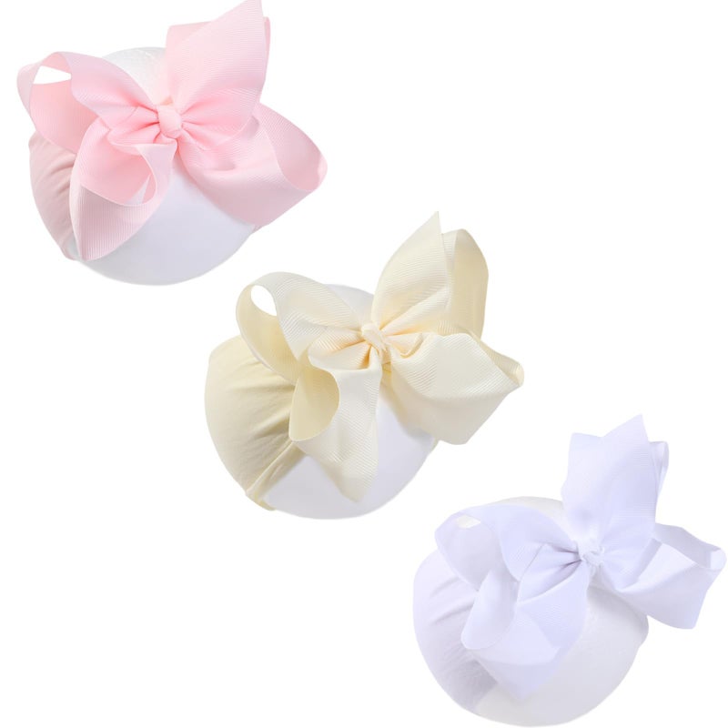 chiduerm 3 Pcs Baby Girls Headband Bows, Soft Nylon Hairbands Cute Big Bow Super Elastic Headband For Baby Girls Newborn Infant Toddlers (Beige Pink White, Large) - Image 1