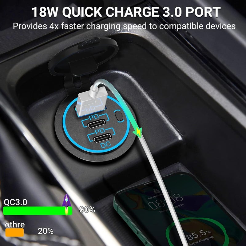 Ouffun 12V Multiple USB Outlet with Quick Charge 3.0 and Dual USB-C Ports - Image 4