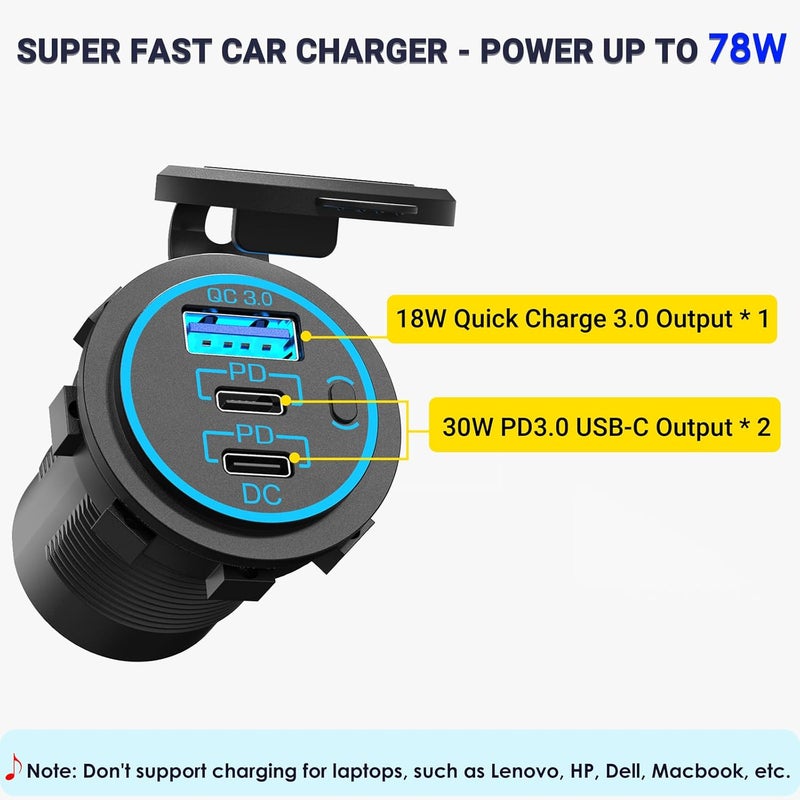 Ouffun 12V Multiple USB Outlet with Quick Charge 3.0 and Dual USB-C Ports - Image 2