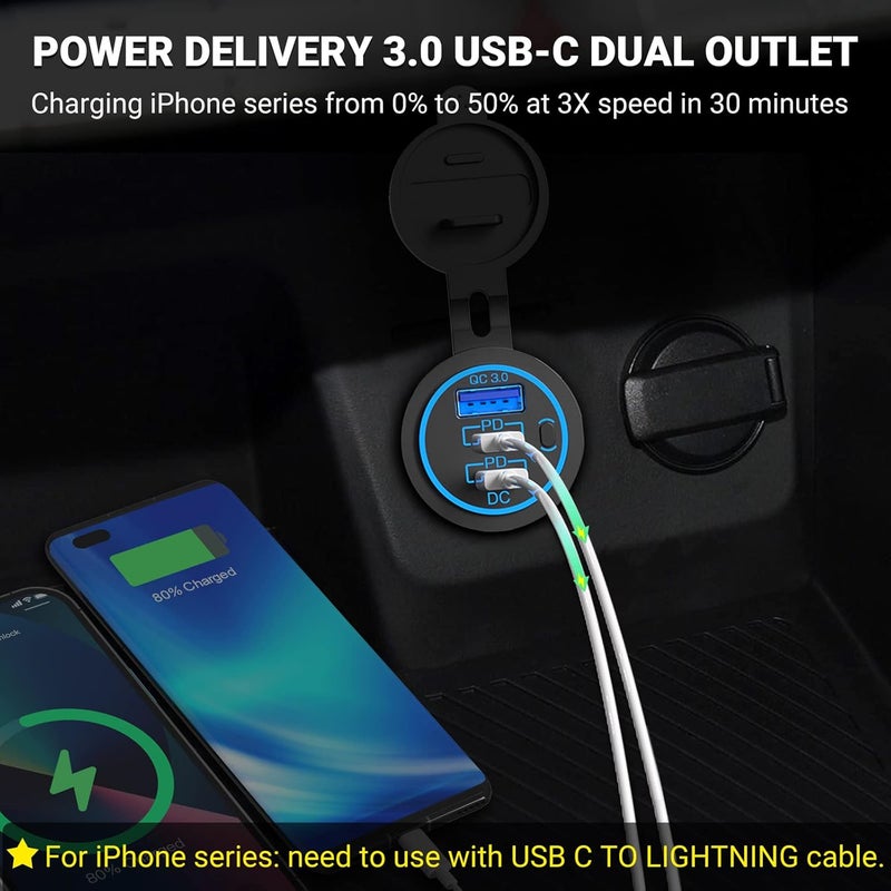 Ouffun 12V Multiple USB Outlet with Quick Charge 3.0 and Dual USB-C Ports - Image 3