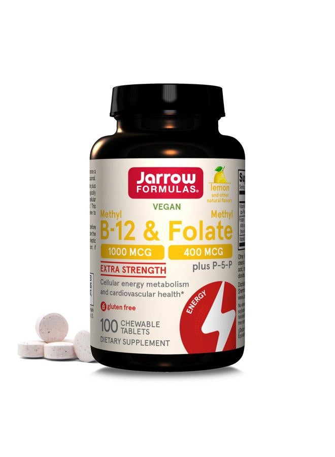 jarrow formulas Extra Strength Methyl B-12 1000 mcg & Methyl Folate 400 mcg + P-5-P, Dietary Supplement for Cellular Energy Metabolism and Cardiovascular Support, 100 Chewable Tablets, 100 Day Supply - Image 1