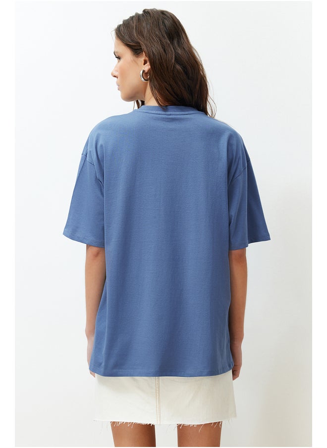 trendyol - Indigo 100% Cotton Color Blocked City Printed Oversize/Wide Cut Knitted T-Shirt TWOSS24TS00079 - Image 1