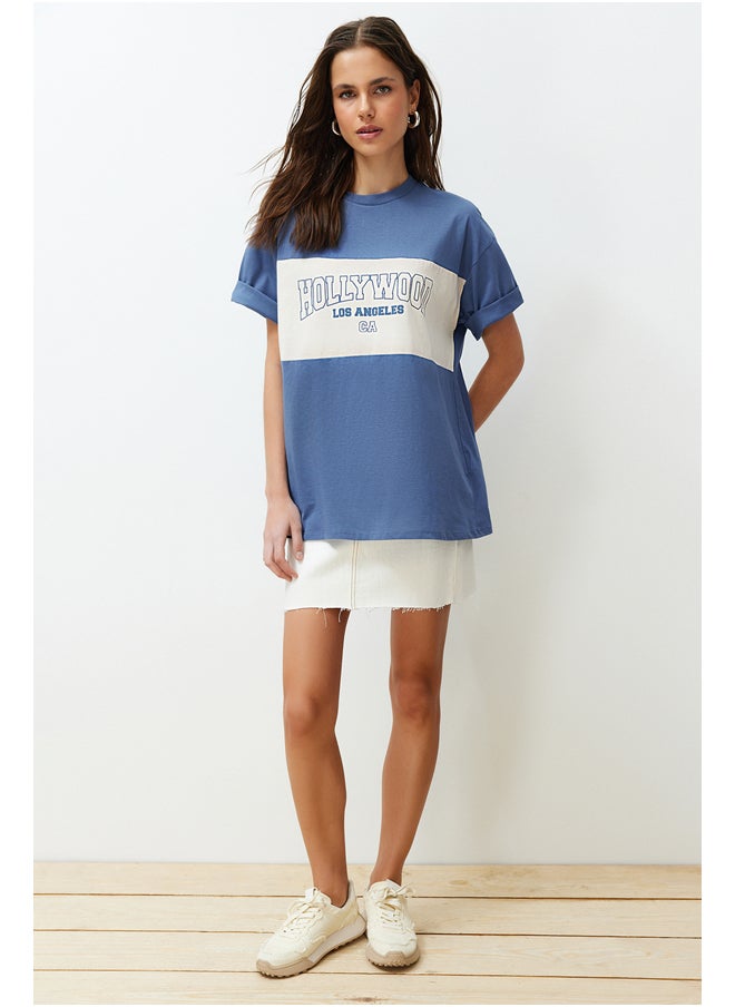 trendyol - Indigo 100% Cotton Color Blocked City Printed Oversize/Wide Cut Knitted T-Shirt TWOSS24TS00079 - Image 1
