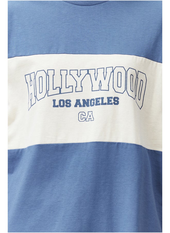 trendyol - Indigo 100% Cotton Color Blocked City Printed Oversize/Wide Cut Knitted T-Shirt TWOSS24TS00079 - Image 1