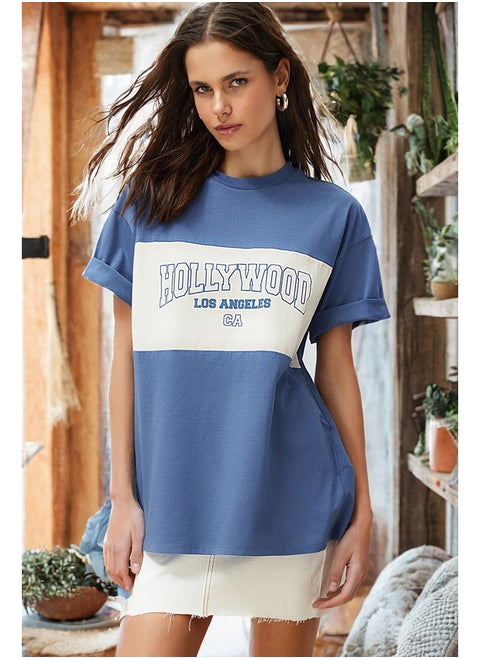 Indigo 100% Cotton Color Blocked City Printed Oversize/Wide Cut Knitted T-Shirt TWOSS24TS00079