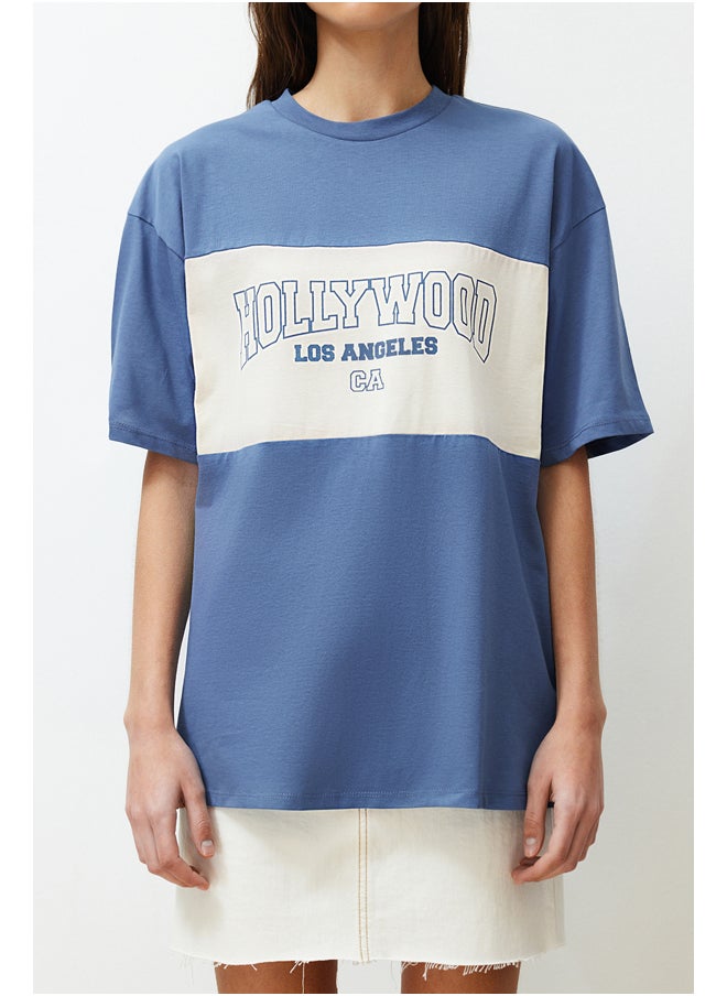 trendyol - Indigo 100% Cotton Color Blocked City Printed Oversize/Wide Cut Knitted T-Shirt TWOSS24TS00079 - Image 1