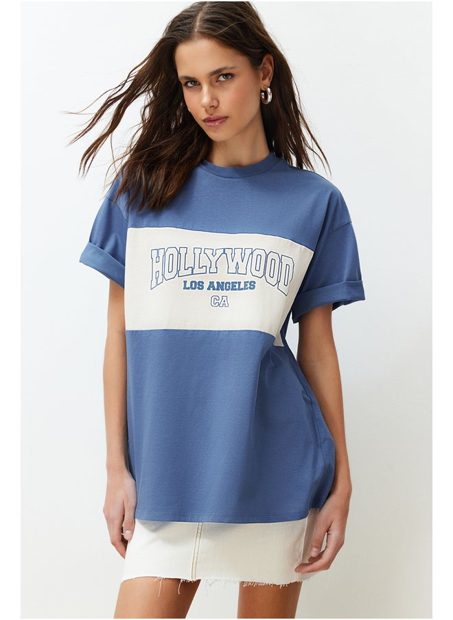 trendyol - Indigo 100% Cotton Color Blocked City Printed Oversize/Wide Cut Knitted T-Shirt TWOSS24TS00079 - Image 1