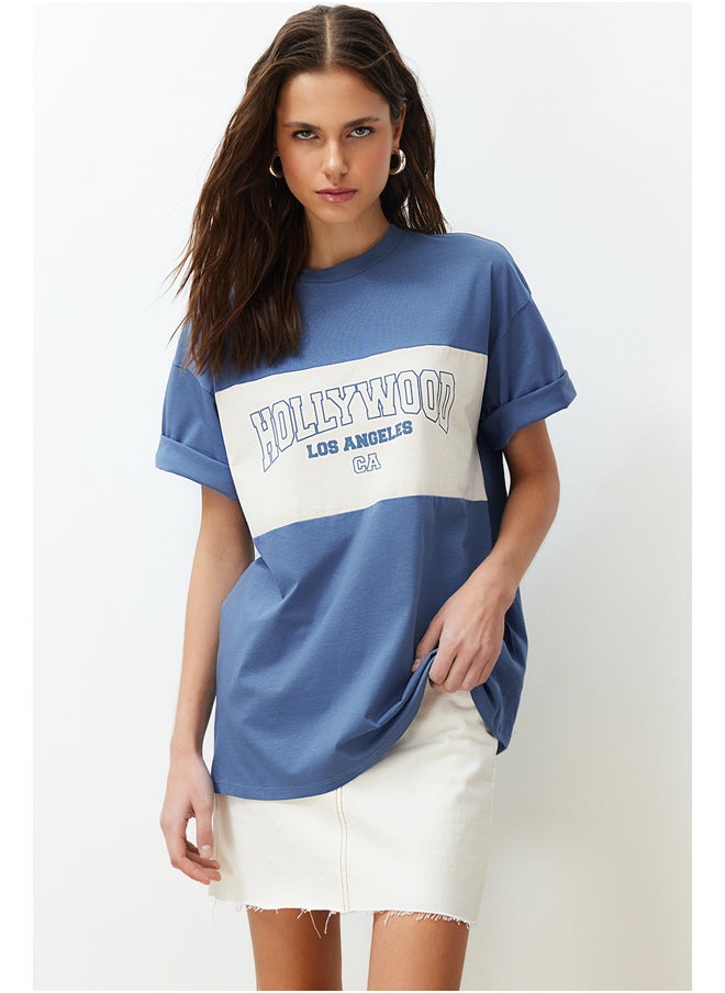 trendyol - Indigo 100% Cotton Color Blocked City Printed Oversize/Wide Cut Knitted T-Shirt TWOSS24TS00079 - Image 1
