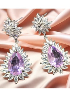 Dazzling Drop Earrings with Large Teardrop Pink Gemstone - Surrounded by Small Clear Gemstones in Petal Design