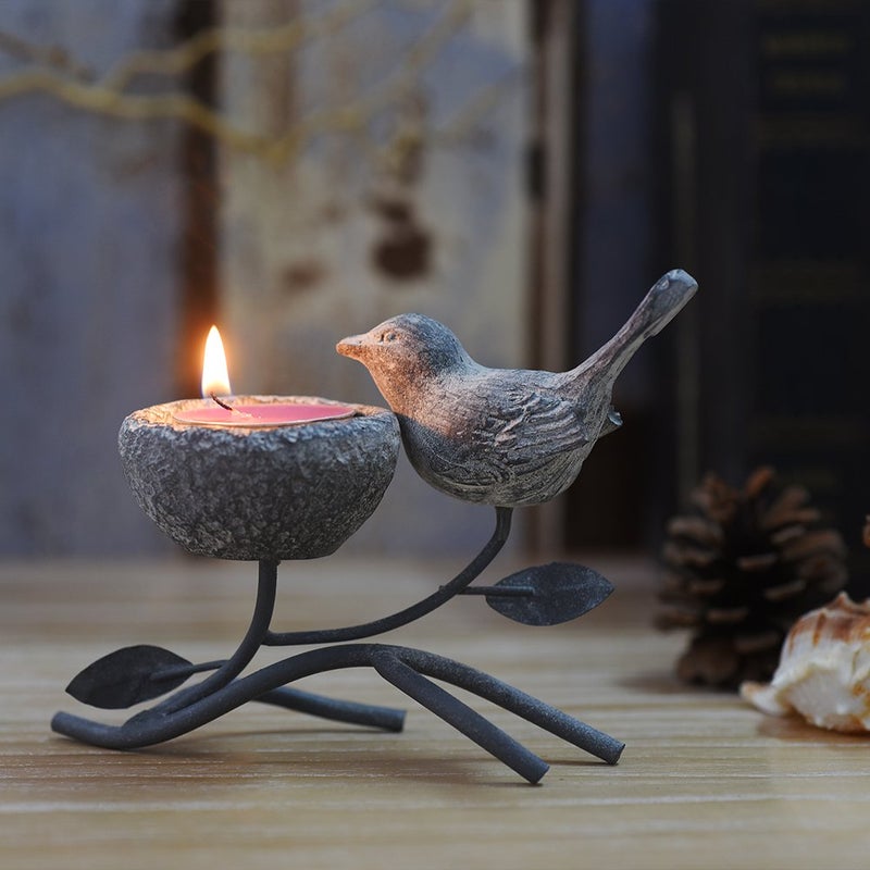 Marbrasse Metallic Votive Candle Holders Decorative TeaLight Candle Stands for Table Vintage Home Decor Centerpiece Features Bird Nest and Tree Grey Black