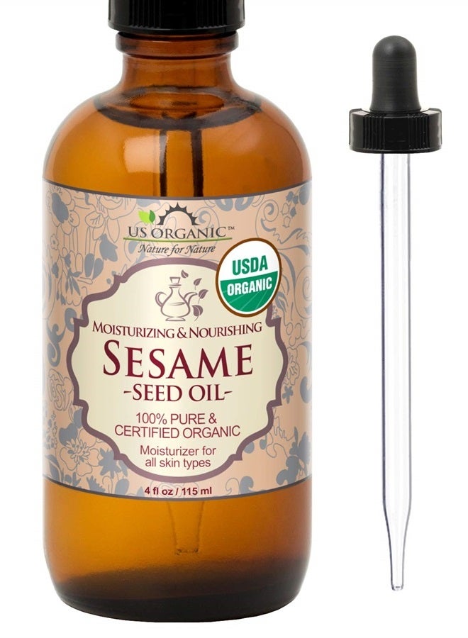 US Organic Sesame Seed Oil, USDA Certified Organic, Untoasted, Unrefined Virgin, 100% Pure & Natural, Cold Pressed, in Amber Glass Bottle w/Glass Eye dropper (4 oz (Large)) - Image 1