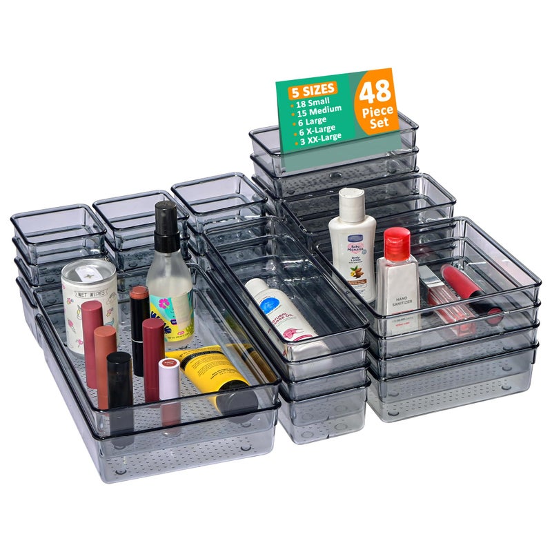 Kuber Industries Acrylic Set of 48 Transparent Cosmetic Organizer Tray | Drawers Organisers for Kitchen, Office and Bathroom Vanity Makeup | Stationery Storage Drawer Divider Tray | Black - Image 1