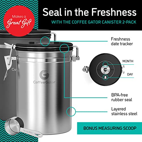 Coffee Gator Coffee Canister, 2pack 22oz Airtight Stainless Steel Kitchen Food Storage Container with Date Tracker, Scoop for Sugar, Grounds, Beans,Tea, Cereal, Flour, Cookies Jars - Gray&Silver - Image 2