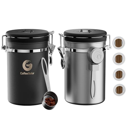 Coffee Gator Coffee Canister, 2pack 22oz Airtight Stainless Steel Kitchen Food Storage Container with Date Tracker, Scoop for Sugar, Grounds, Beans,Tea, Cereal, Flour, Cookies Jars - Gray&Silver - Image 1