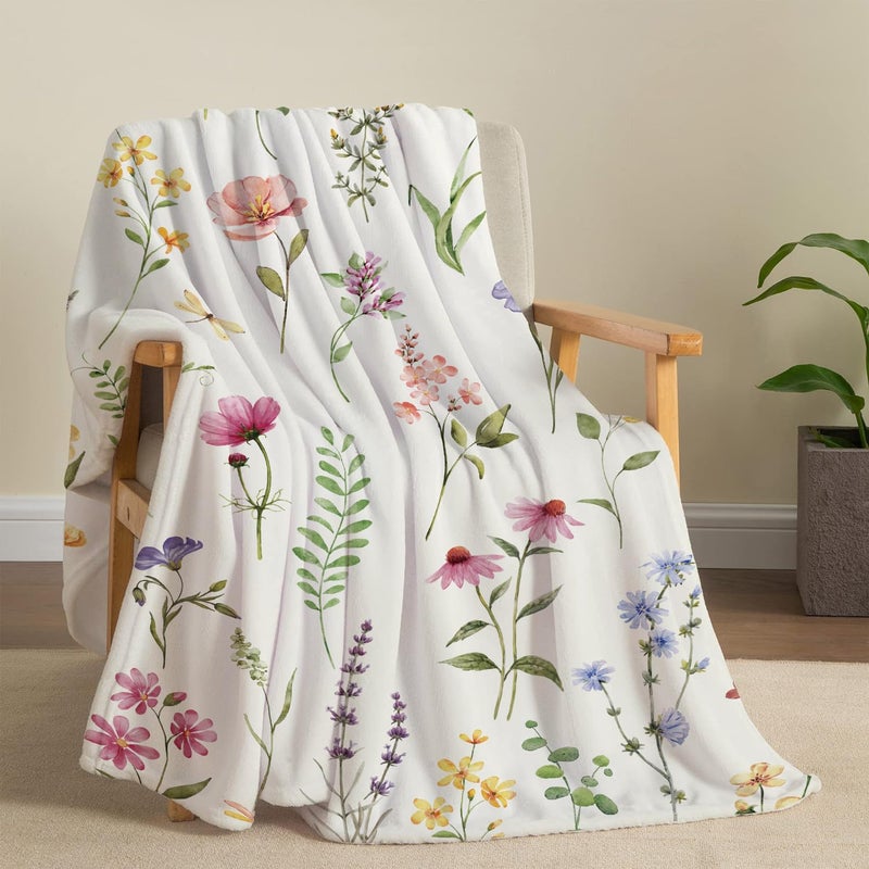 Tupmnbry Wildflowers Throw Blanket Botanical Floral Printed Blanket Super Soft Flannel Throw Blankets Lightweight Fluffy Plush Fuzzy Bed Blankets for Bedding Sofa 50"X60" - Image 1