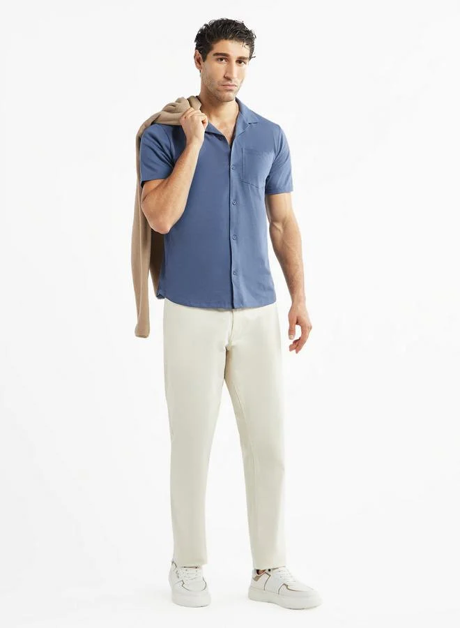 Splash FAV Solid Camp Collar Shirt with Short Sleeves and Pocket