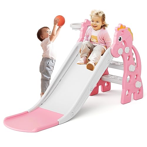 67i 3 in 1 Toddler Slide 468 Inch Long Slide 10Min Easy Assembly Foldable AntiTip Stable Small Indoor Mini Slide for Toddlers 13 Baby Inside Slide Resbaladilla Indoor Outdoor Gift Pink - Image 1