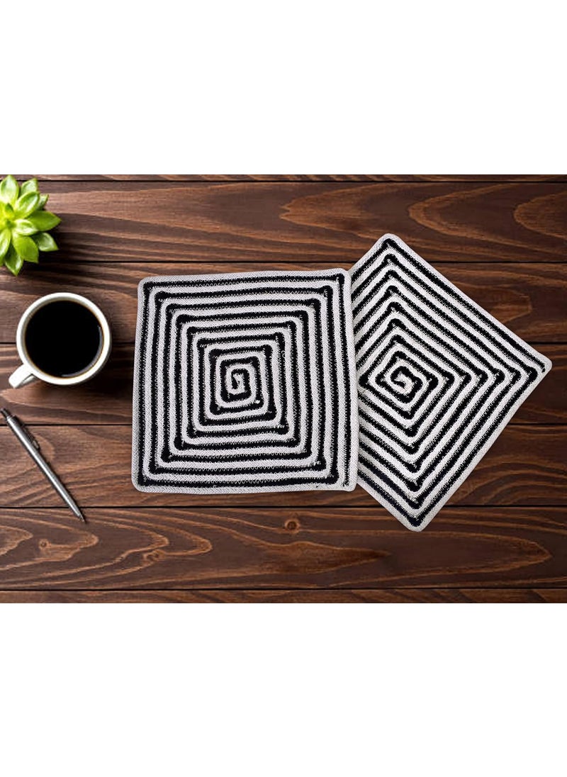 TSUKUYOMI TSUKUYOMI Pack of 2 Jute Rustic Vintage Place mat for Dining Table Bedside Table Tea Coaster Plate mat Decoration mat Square 30 cm Cotton White Black Box 12x12 Sq  - Image 3