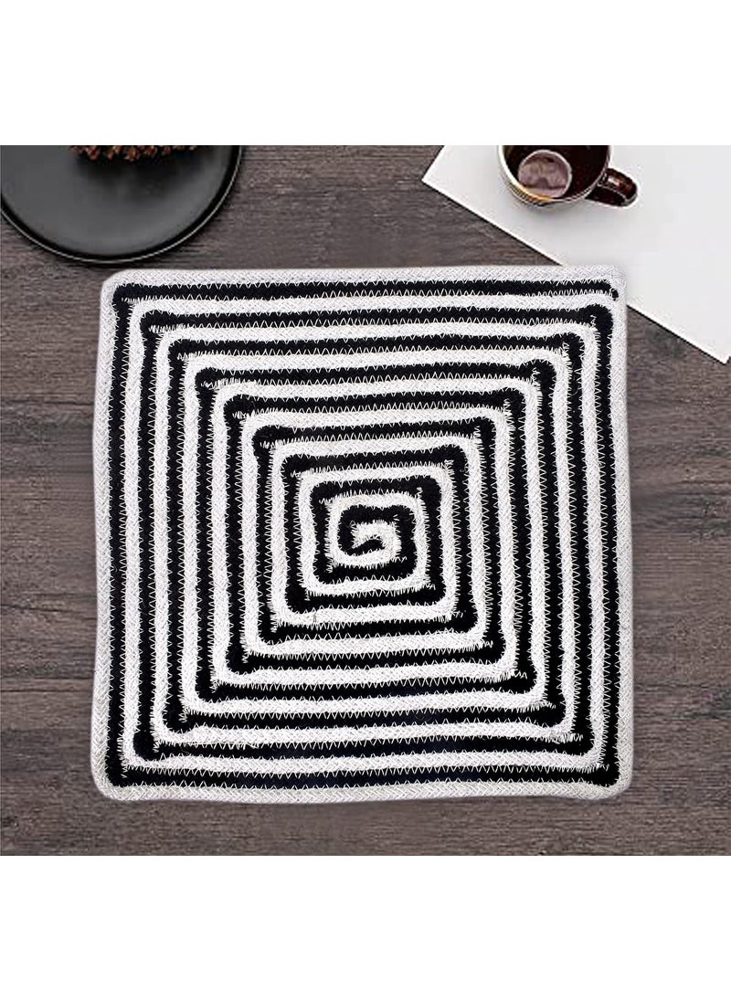 TSUKUYOMI TSUKUYOMI Pack of 2 Jute Rustic Vintage Place mat for Dining Table Bedside Table Tea Coaster Plate mat Decoration mat Square 30 cm Cotton White Black Box 12x12 Sq  - Image 2