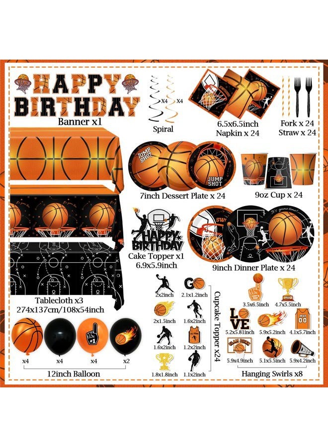 Peghoqu Basketball Party Decorations Basketball Birthday Theme Decoration Disposable Paper Plates,Napkins,Tablecloth,Cups,Balloon,Banner,Hanging Swirls,Cake Topper for Basketball Party Decor Supplies,Serve 24 - Image 3