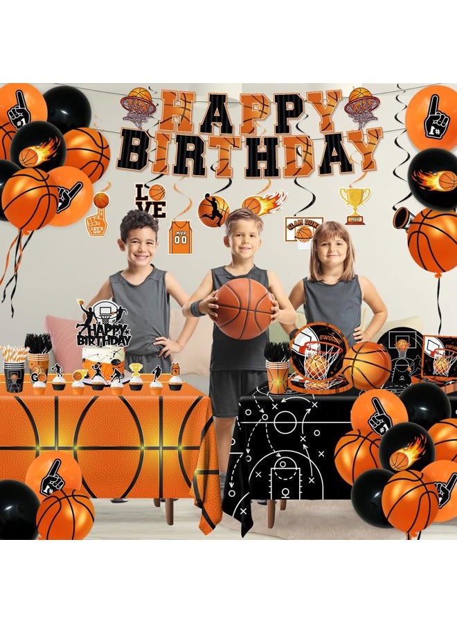 Peghoqu Basketball Party Decorations Basketball Birthday Theme Decoration Disposable Paper Plates,Napkins,Tablecloth,Cups,Balloon,Banner,Hanging Swirls,Cake Topper for Basketball Party Decor Supplies,Serve 24 - Image 2