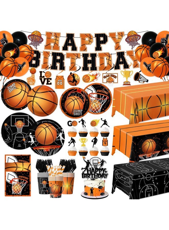 Peghoqu Basketball Party Decorations Basketball Birthday Theme Decoration Disposable Paper Plates,Napkins,Tablecloth,Cups,Balloon,Banner,Hanging Swirls,Cake Topper for Basketball Party Decor Supplies,Serve 24 - Image 1