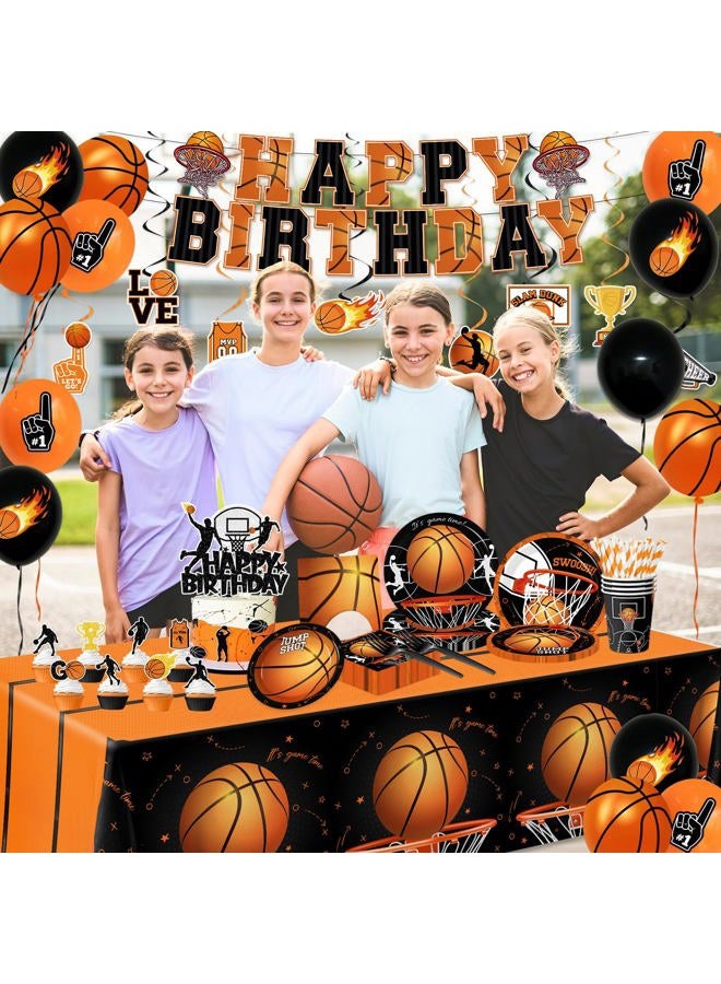 Peghoqu Basketball Party Decorations Basketball Birthday Theme Decoration Disposable Paper Plates,Napkins,Tablecloth,Cups,Balloon,Banner,Hanging Swirls,Cake Topper for Basketball Party Decor Supplies,Serve 24 - Image 5