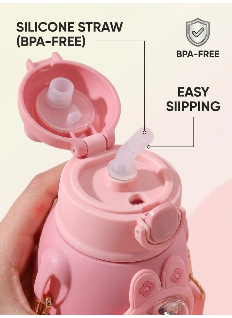 Mobcos Mobcos W Bottle Pink Mobcos Cute Cartoon Kids Water Bottle with Straw and Adjustable Strap Food Grade Tritan One-Click Open Portable Leak Proof Insulated BPA Free For Kids Girls School Travel 500ml | Pink  | Best Price UAE