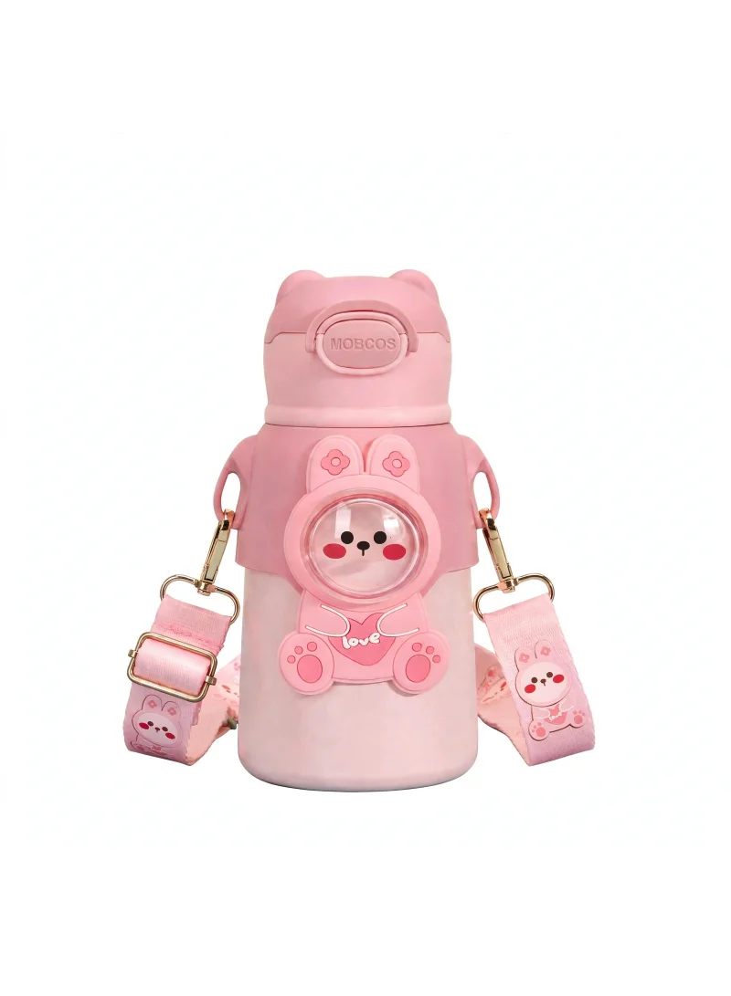 Mobcos Mobcos Cute Cartoon Kids Water Bottle with Straw and Adjustable Strap Food Grade Tritan One-Click Open Portable Leak Proof Insulated BPA Free For Kids Girls School Travel 500ml | Pink