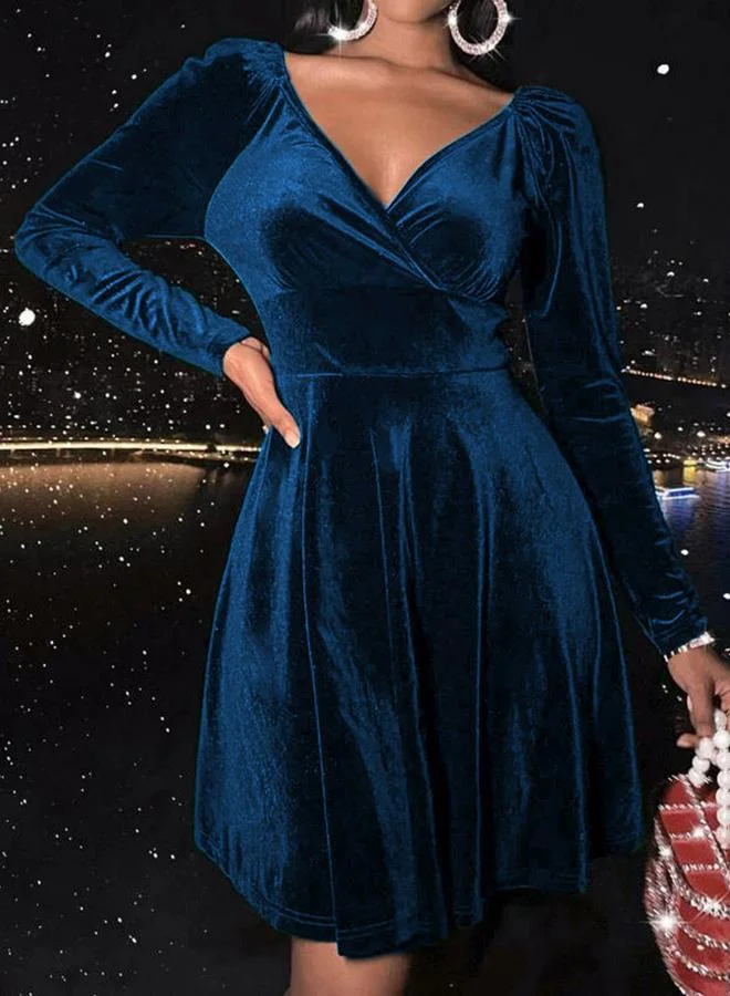 Take Two Women Blue Velvet Look V-Neck Mini Dress