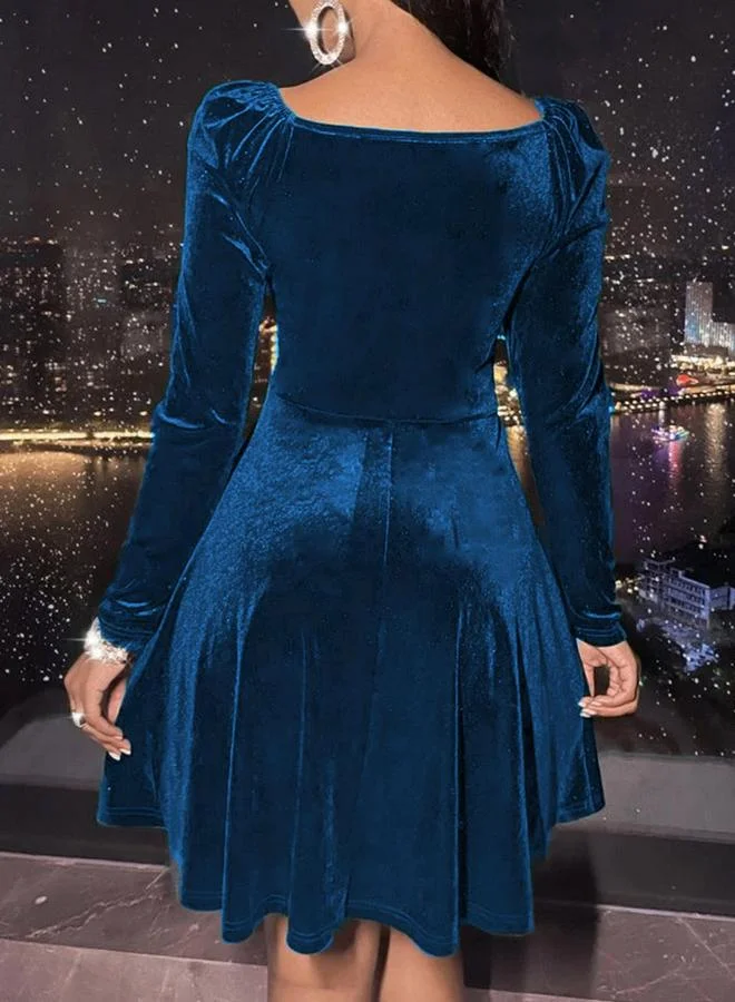 Take Two Women Blue Velvet Look V-Neck Mini Dress