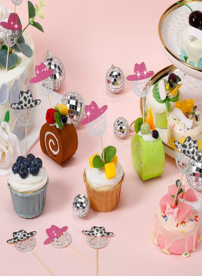 Barydat مجموعة من 60 قطعة من زينة الكب كيك على شكل كرة ديسكو لامعة من باريدات، زينة كعكة على شكل قبعة رعاة البقر، زينة حفلات رعاة البقر الصغيرة مع أعواد لحفلات أعياد الميلاد ذات طابع ديسكو من العقد الأول من القرن الحادي والعشرين (بسيطة) - Image 3