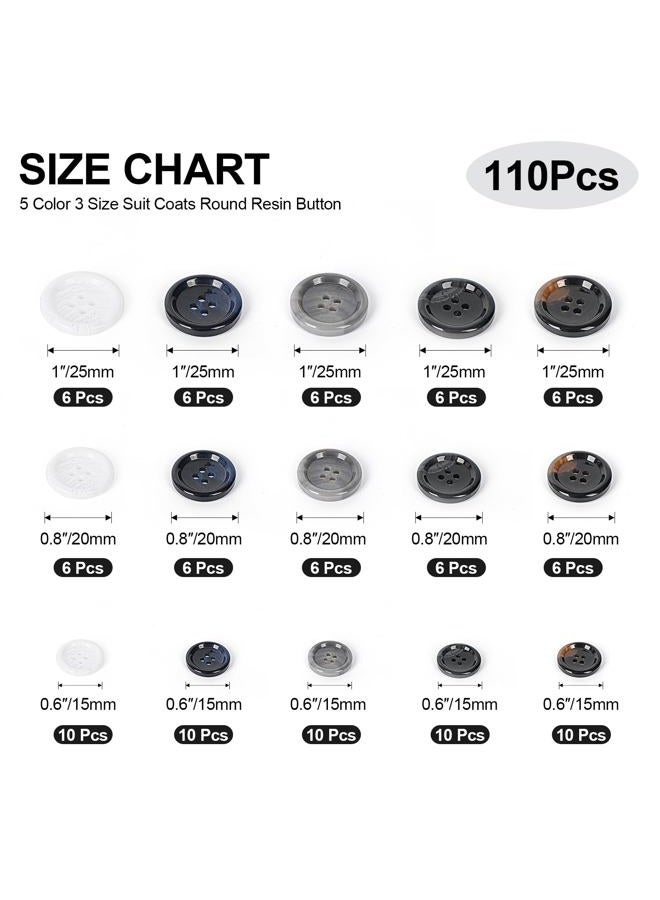 OELFFOW 110Pcs Mixed Sewing Buttons, 4-Hole Craft Round, 5 Color 3 Size(15mm,20mm,25mm) Suit Coats Blazer Resin Button, Suitable for Variety Clothing Sewing, DIY Craft (White,Grey, Brown,Blue, Black) - Image 2