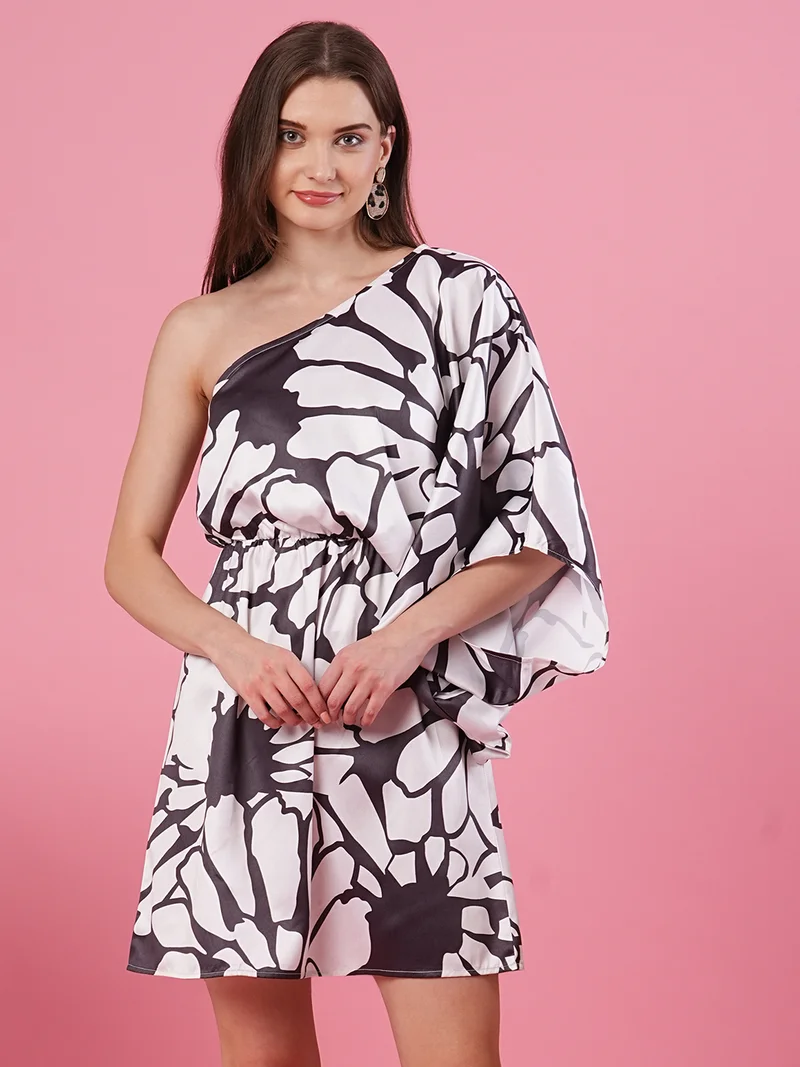 globus Women Print One Shoulder Batwing Sleeve Satin A-Line Mini Dress