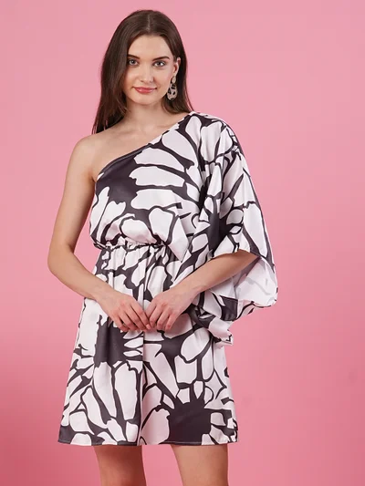 globus Globus Women Print One Shoulder Batwing Sleeve Satin A-Line Mini Dress